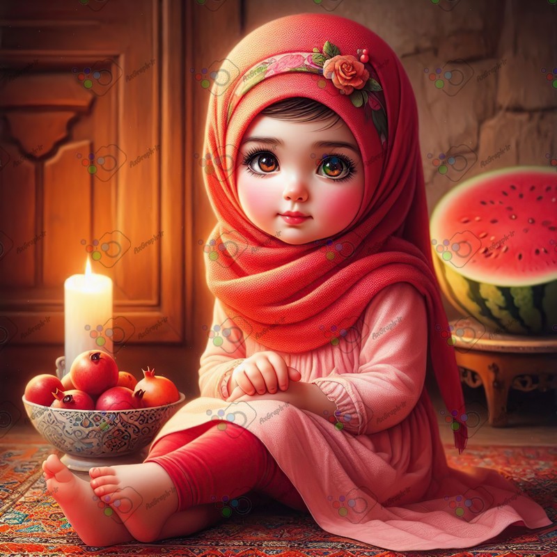 بک گراند کودکانه یلدا با طرح دختر بچه با حجاب و کاسه انار و هندونه-کد 44675(ویژه عکس گراف)