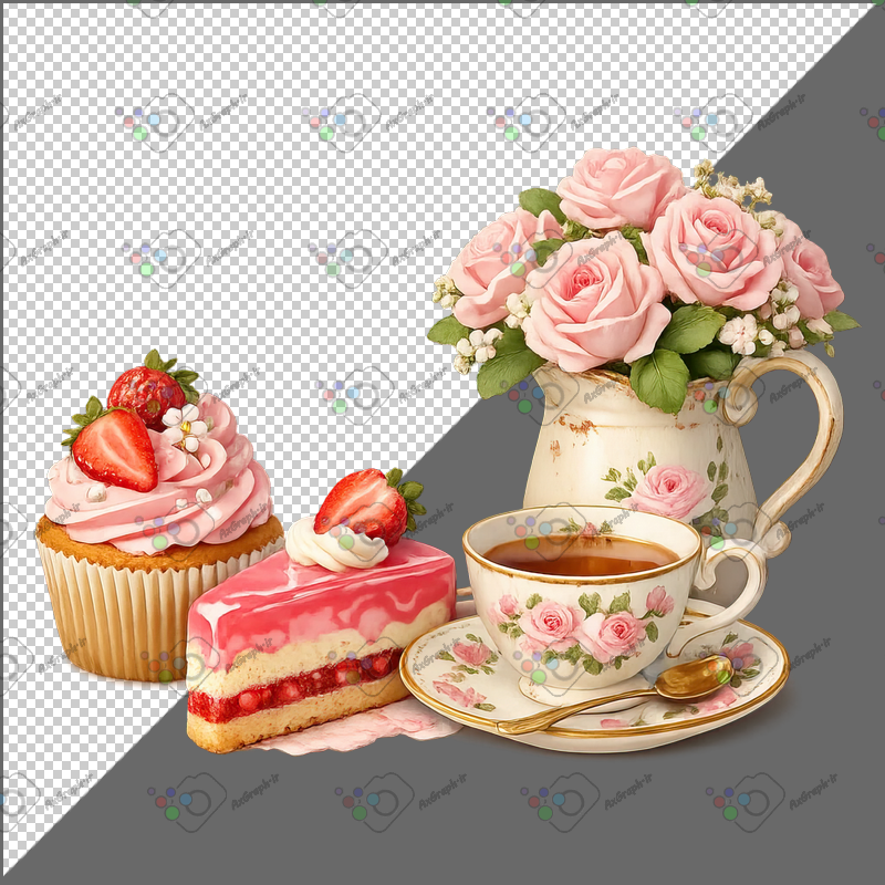 طرح برچسب فنجان چای و گلدان و کیک توت فرنگی-کد 70130(ویژه عکس گراف)