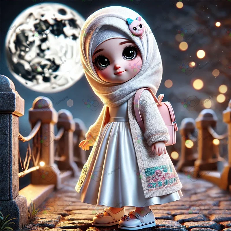 بک گراند کودکانه دختر کوچولوی ناز با حجاب ایستاده روی پل سنگی زیر نور ماه-کد 43486(ویژه عکس گراف)