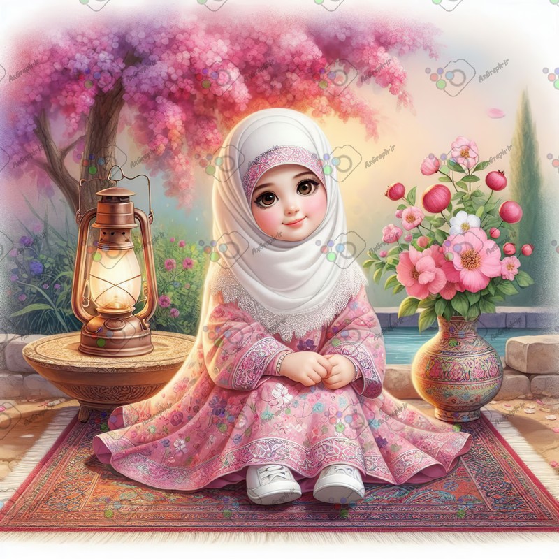 بک گراند کودکانه دختر بچه با حجاب نشسته روی فرش زیر درخت-کد 44701(ویژه عکس گراف)
