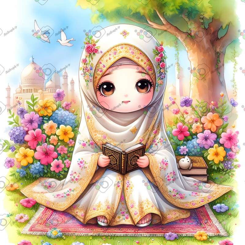 بک گراند کودکانه دختر بچه ناز با حجاب در حال قرآن خواندن جلوی مسجد-کد 44581(ویژه عکس گراف)