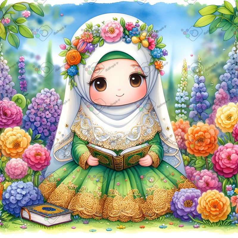 بک گراند کودکانه دختر بچه ناز با حجاب در حال قرآن خواندن میان گلهای رنگارنگ-کد 44564(ویژه عکس گراف)