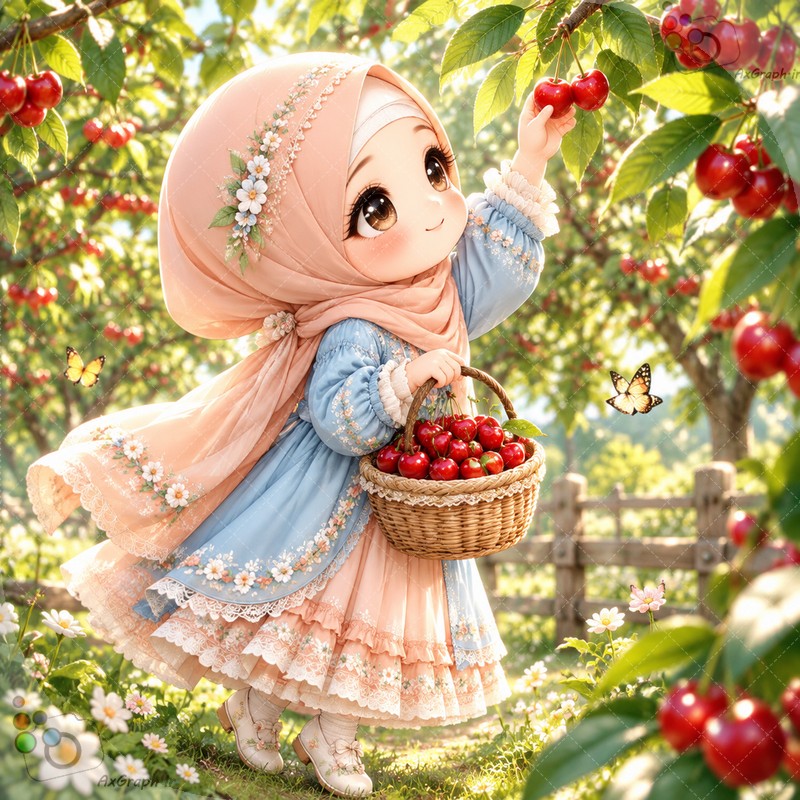 🌟🍒 طرح دختربچه باغبان با سبد گیلاس، روسری هلویی و لباس آبی در باغ گیلاس و دشت بهاری - کد ۴۵۰۰۴ (ویژه عکس گراف) 🌸🍃💖