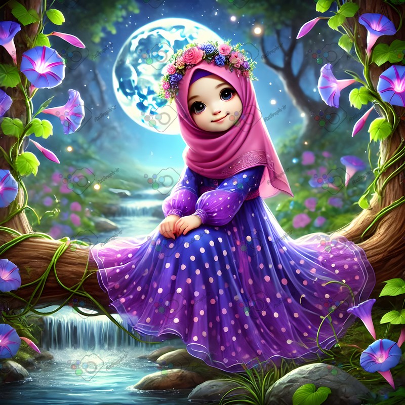 بک گراند کودکانه دختربچه ناز با حجاب نشسته روی درخت زیر نور ماه میان گلهای پیچک-کد 44616(ویژه عکس گراف)