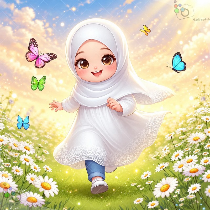 🌟🦋 طرح دختربچه فانتزی با لباس سفید در حال دویدن میان دشت بابونه و پروانه‌های رنگی - کد ۴۴۹۸۴ (ویژه عکس گراف) 🌼✨