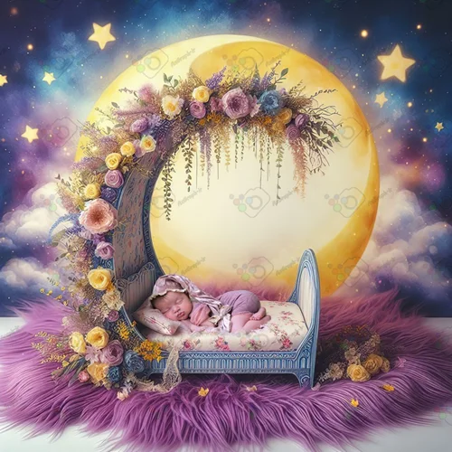 بک دراپ نوزاد تخت خواب و ماه گل آرایی-کد 55014(ویژه عکس گراف)