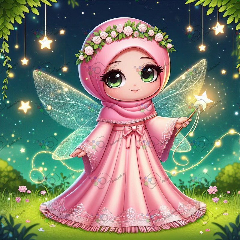 بک گراند کودکانه پری کوچک ناز با حجاب با چوب جادویی در جنگل روشن-کد 44540(ویژه عکس گراف)