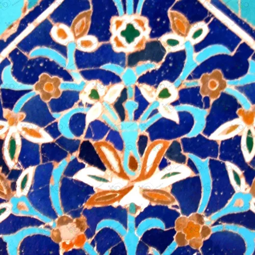 تصویر با کیفیت نمایی از کاشی کاری با نقش گلدان وسط کاشی آبی -کد 30052