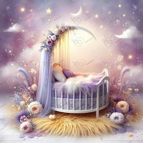 بک دراپ نوزاد تخت خواب با پس زمینه رویایی-کد 55015(ویژه عکس گراف)