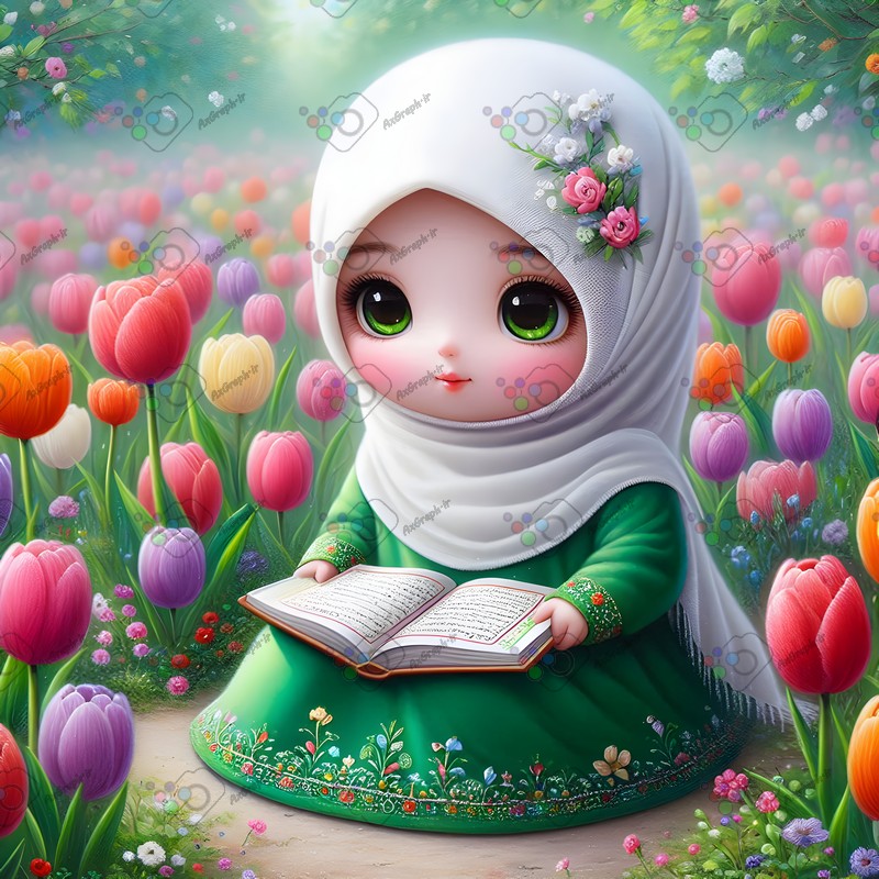بک گراند کودکانه دختر بچه ناز با حجاب در حال قرآن خواندن در باغ گل لاله-کد 44593(ویژه عکس گراف)
