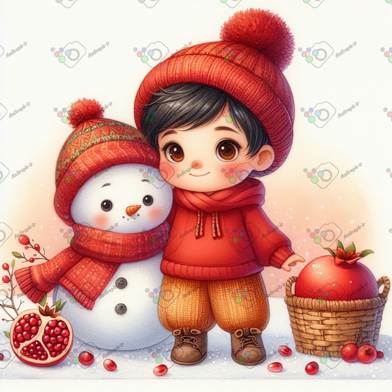 بک گراند کودکانه یلدا با طرح انار و دوستی آدم برفی و پسربچه -کد 44755(ویژه عکس گراف)