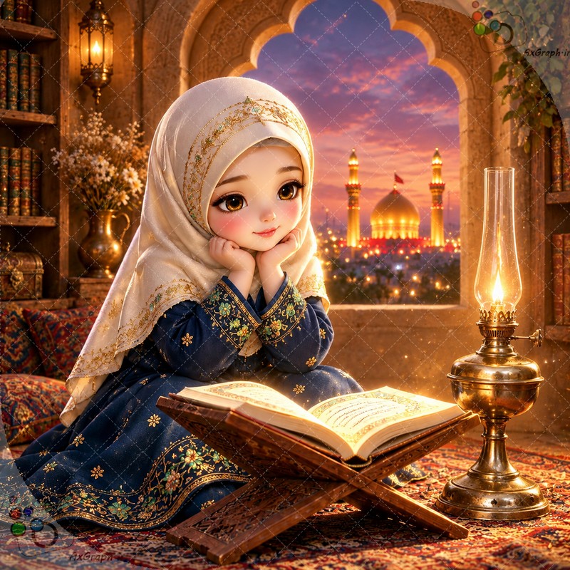 طرح دختر با حجاب پای رحل قرآن و چراغ گردسوز کنار پنجره و حرم مطهر در غروب - کد ۴۵۰۲۹ (ویژه عکس گراف)