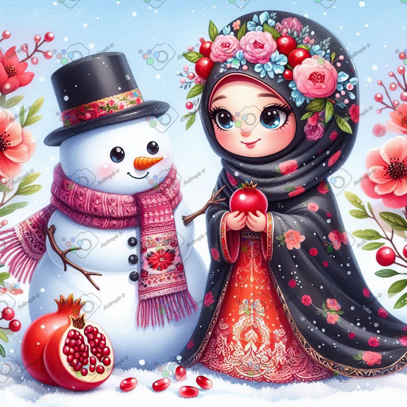 بک گراند کودکانه یلدا با طرح دختر بچه با حجاب و انار و آدم برفی در باغ انار-کد 44736(ویژه عکس گراف)