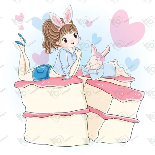 وکتور کودکانه دختر و خرگوش روی کیک-کد 12096