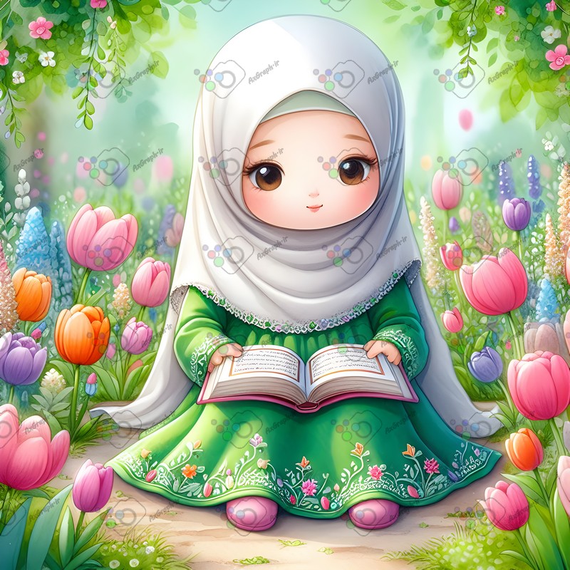 بک گراند کودکانه دختر بچه ناز با حجاب در حال قرآن خواندن در باغ لاله-کد 44571(ویژه عکس گراف)