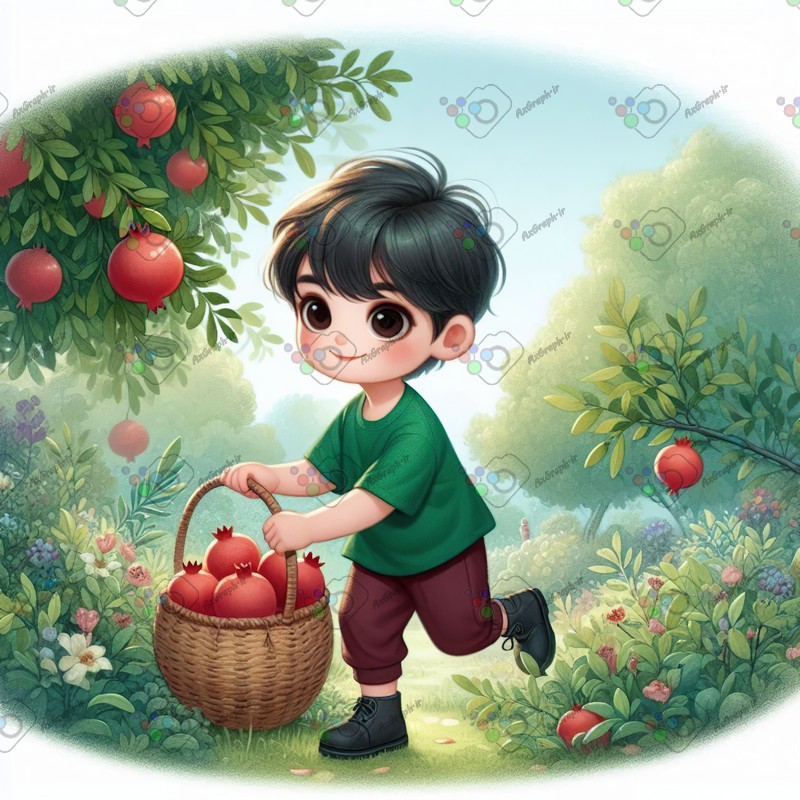 بک گراند کودکانه یلدا با طرح پسربچه با سبد انار در حال دویدن در باغ انار-کد 44788(ویژه عکس گراف)