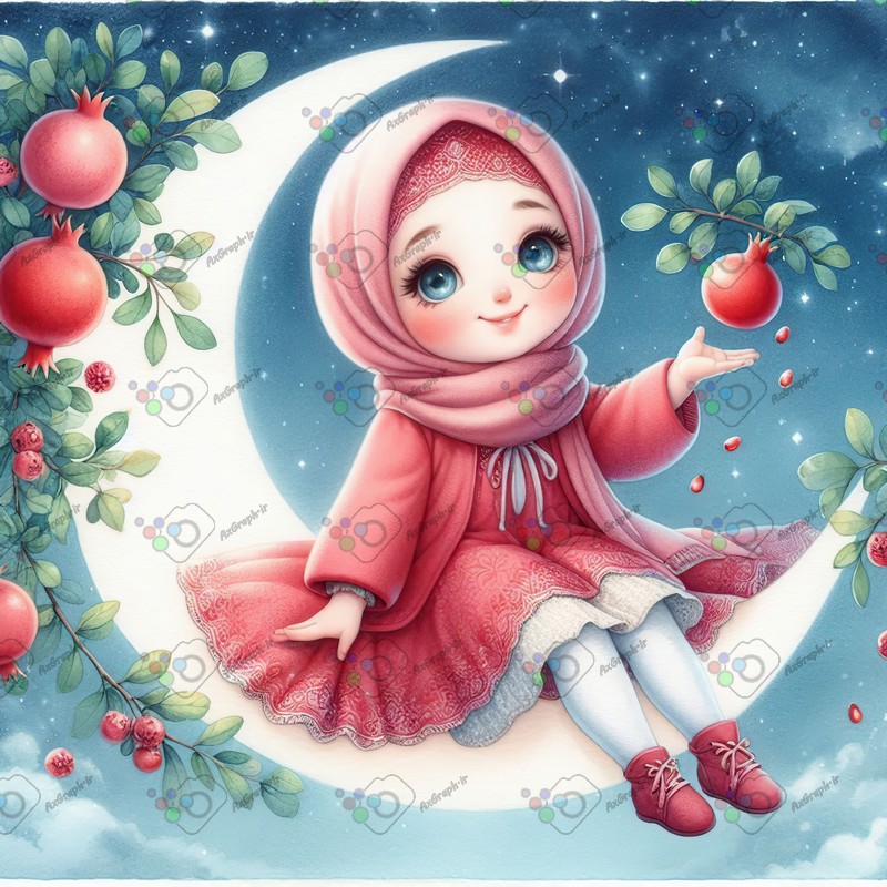بک گراند کودکانه یلدا با طرح دختر و ماه و انار-کد 44641(ویژه عکس گراف)