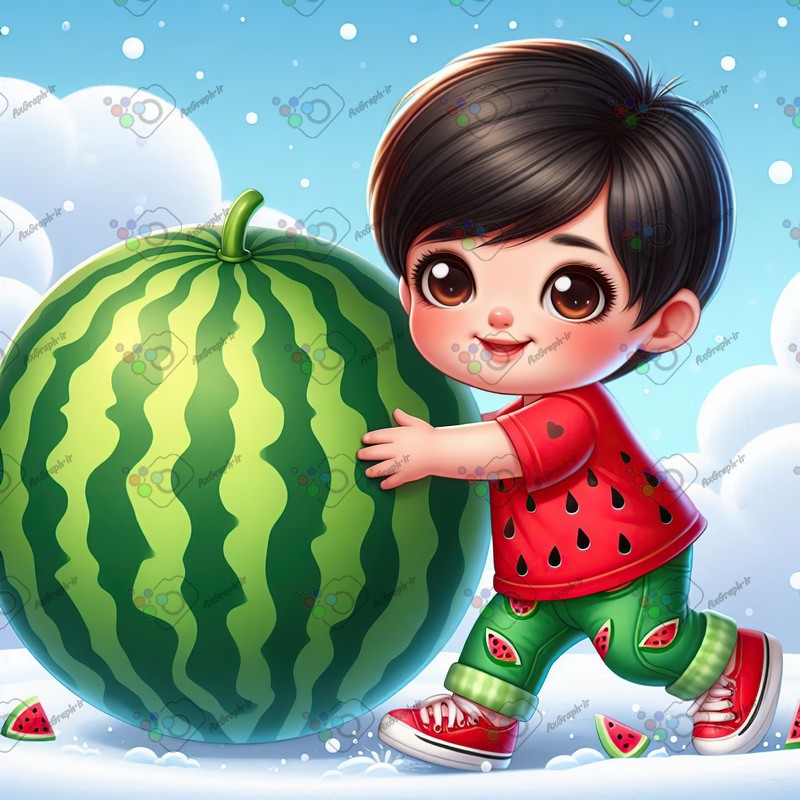 بک گراند کودکانه یلدا با طرح پسربچه در حال قل دادن هندونه غول پیکر زیر برف-کد 44786(ویژه عکس گراف)