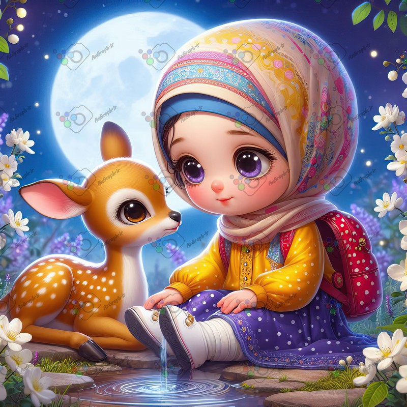 بک گراند کودکانه دختر بچه ناز با حجاب و آهوی ناز نشسته کنار برکه زیر نور ماه-کد 44550(ویژه عکس گراف)