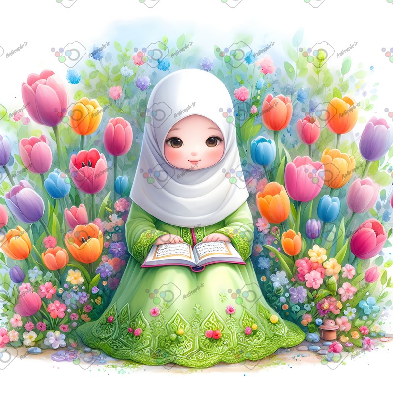 بک گراند کودکانه دختر بچه ناز با حجاب در حال قرآن خواندن میان گلهای رنگارنگ-کد 44567(ویژه عکس گراف)