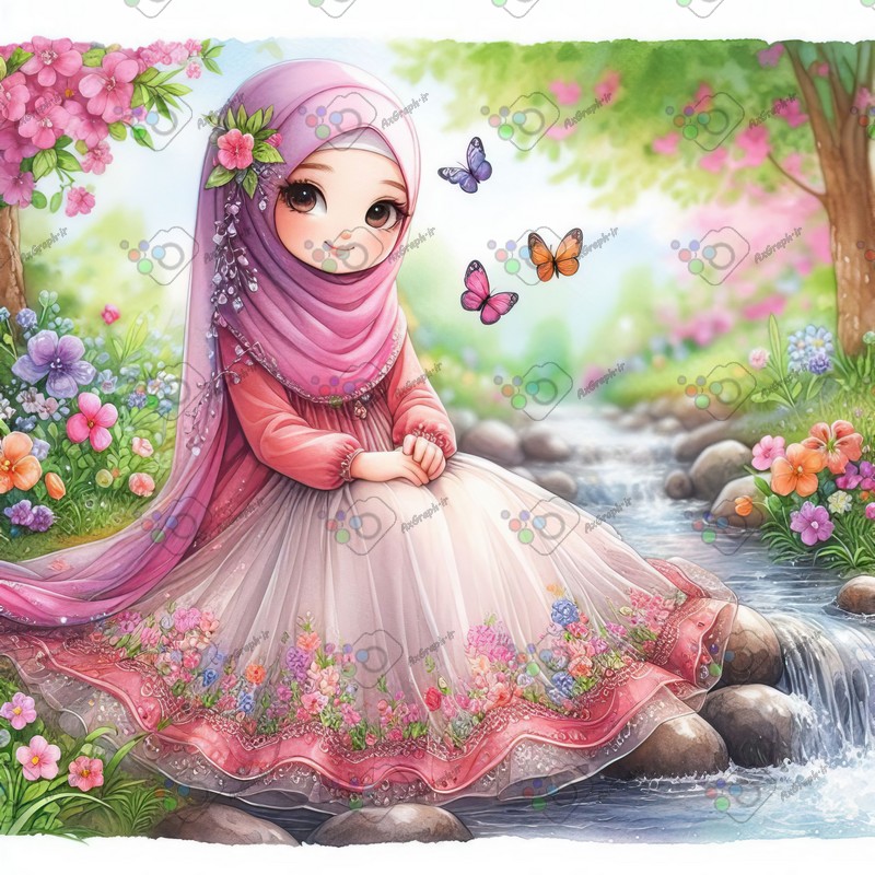 بک گراند کودکانه دختر ناز با حجاب کنار چشمه-کد 44816(ویژه عکس گراف)