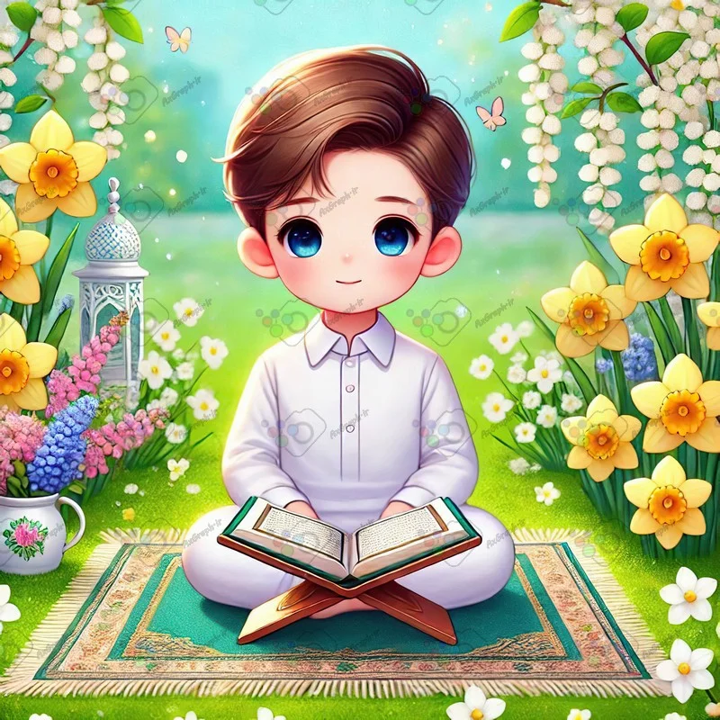 بک گراند کودکانه قرآن روی رحل جلوی پسر نوجوان نشسته روی سجاده در باغ گل نرگس-کد 43828(ویژه عکس گراف)