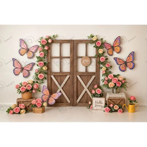 بک دراپ آتلیه تم گل رز و پروانه-کد 55256(ویژه عکس گراف)