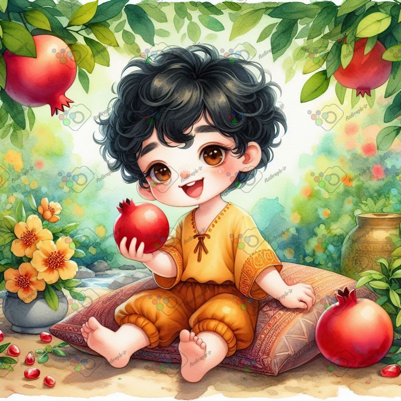 بک گراند کودکانه یلدا با طرح پسربچه خوشحال با انار نشسته روی بالشت زیر درخت انار-کد 44784(ویژه عکس گراف)