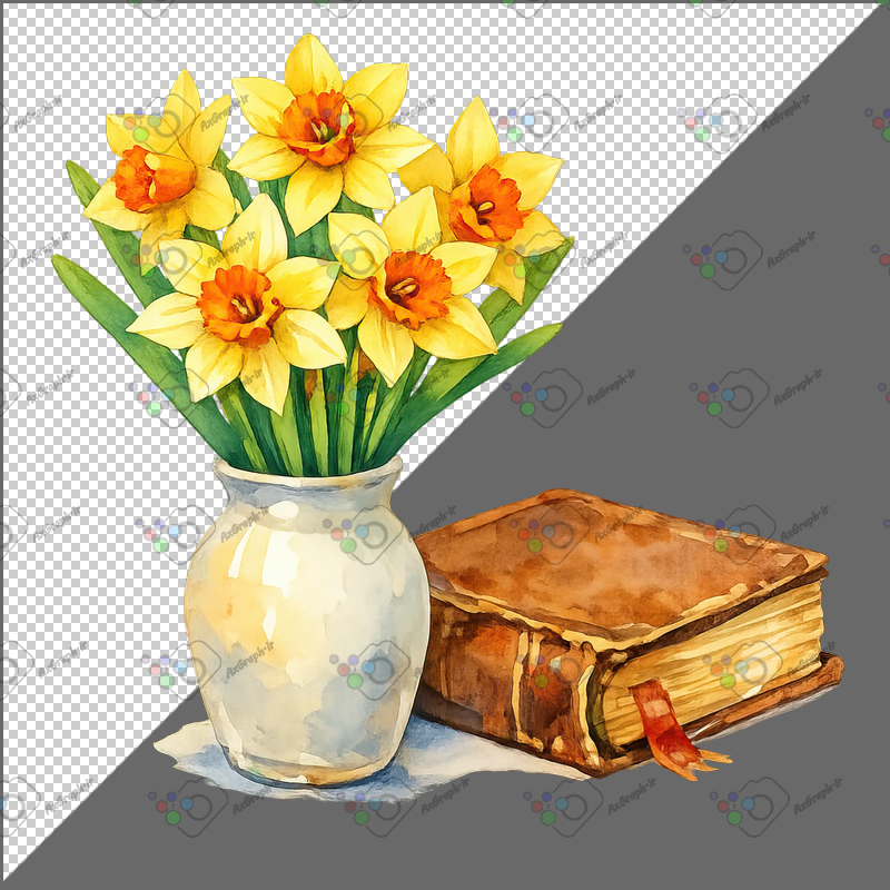 طرح برچسب فانتزی کتاب قدیمی و گلدان گل نرگس-کد 70143(ویژه عکس گراف)