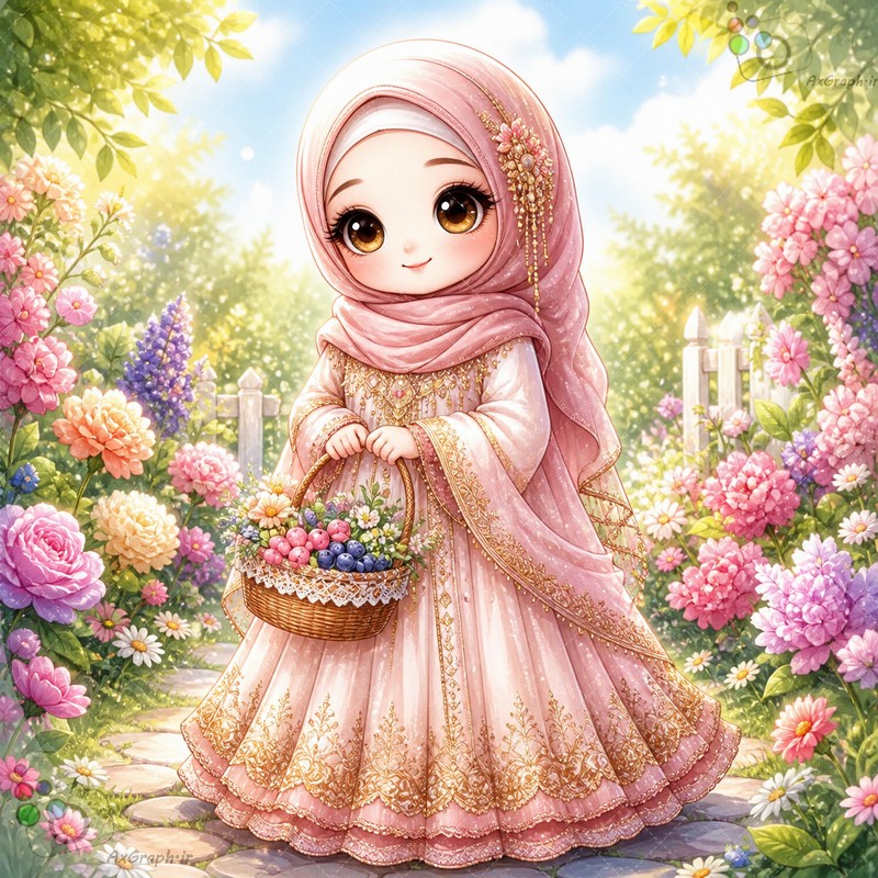 طرح دختربچه باحجاب صورتی و سبد گل در باغ بهاری - کد 44960 (ویژه عکس گراف)