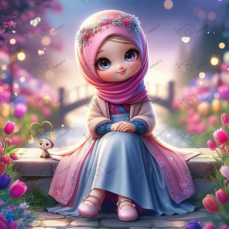 بک گراند کودکانه دختر ناز با حجاب نشسته روی سکوی سنگی در باغ لاله های زیبا-کد 43571(ویژه عکس گراف)