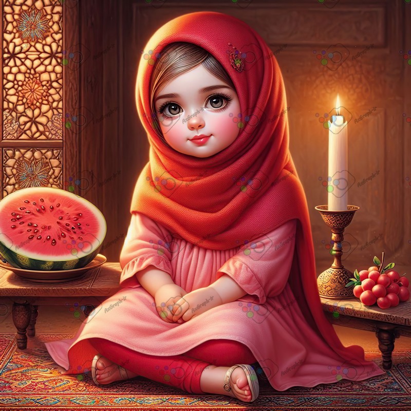 بک گراند کودکانه یلدا با طرح دختر بچه با حجاب با دکور سنتی-کد 44658(ویژه عکس گراف)