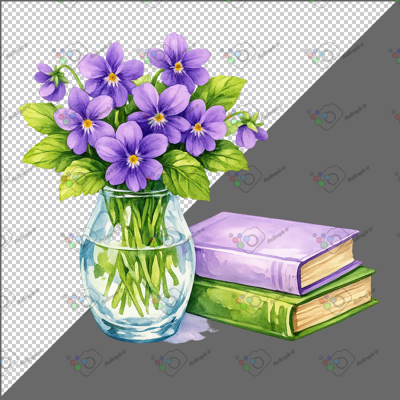 طرح برچسب فانتزی کتاب و گلدان گل بنفشه-کد 70144(ویژه عکس گراف)