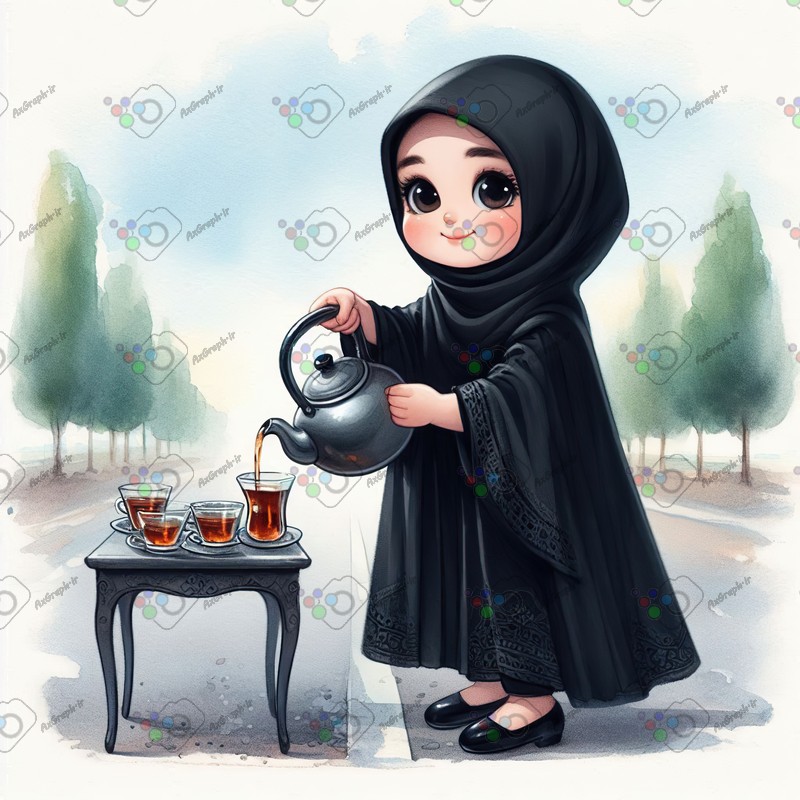 بک گراند کودکانه دختر بچه ناز با حجاب در حال چای ریختن-کد 44496(ویژه عکس گراف)
