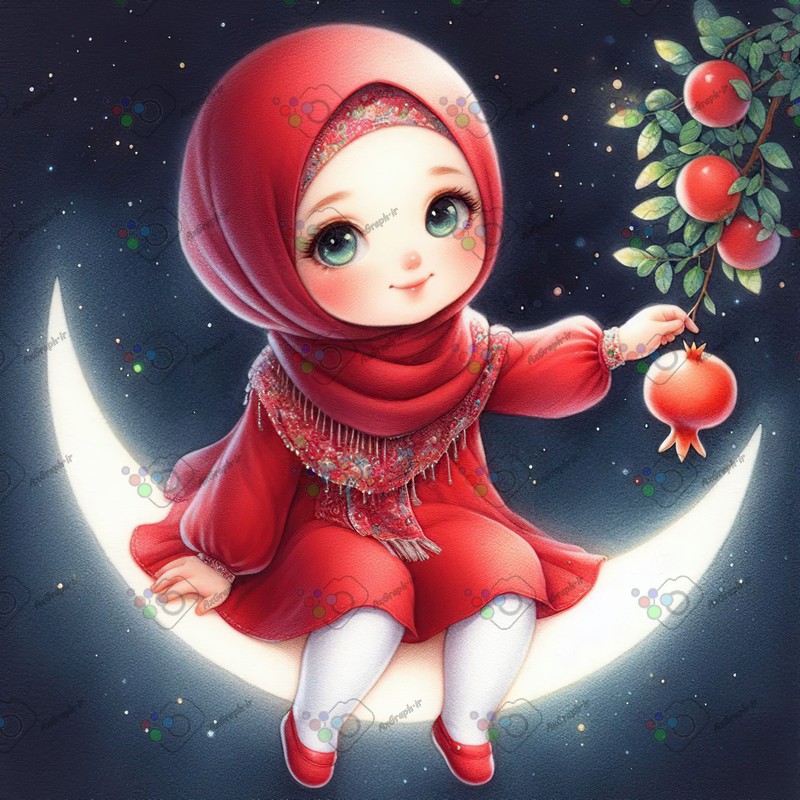 بک گراند کودکانه یلدا با طرح دختر بچه با حجاب نشسته روی ماه در حال چیدن انار-کد 44676(ویژه عکس گراف)