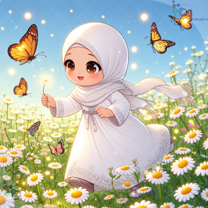 🌟🌼 طرح دختربچه فانتزی با لباس سفید و گل بابونه در دشت پر از پروانه - کد ۴۴۹۸۱ (ویژه عکس گراف) 🦋✨🌿