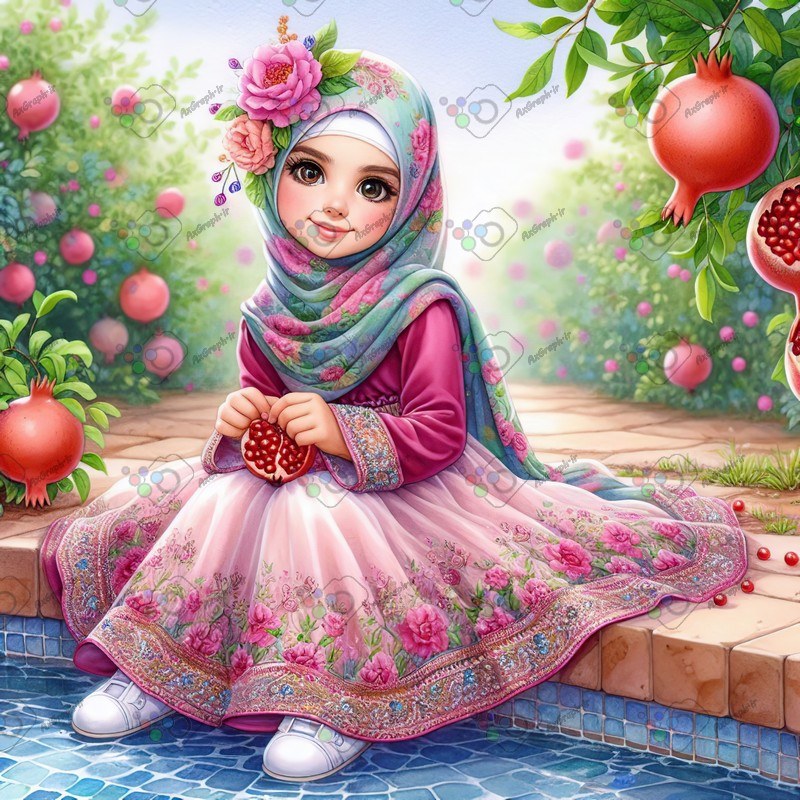 بک گراند کودکانه یلدا با طرح دختر بچه با حجاب نشسته لبه حوض در باغ انار-کد 44714(ویژه عکس گراف)