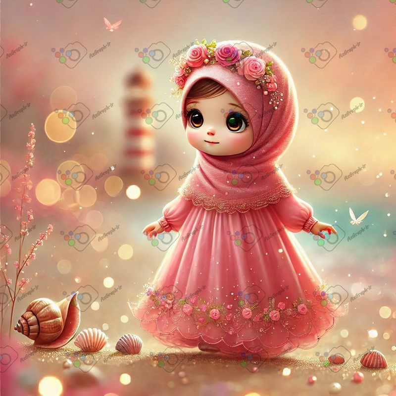 بک گراند کودکانه دختر ریزه میزه ناز با حجاب در حال قدم زدن در ساحل طلایی-کد 44514(ویژه عکس گراف)