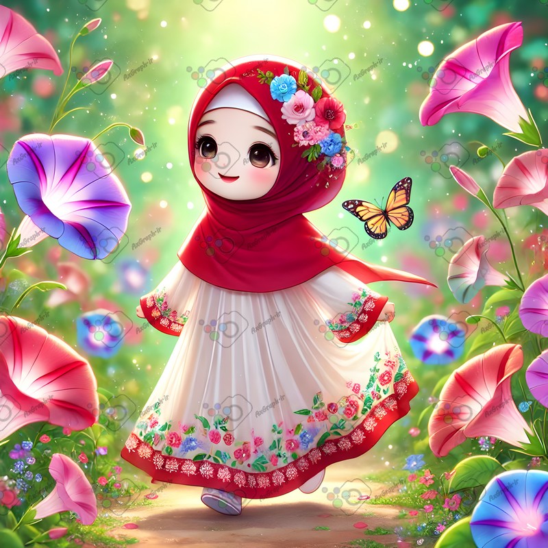 بک گراند کودکانه دختربچه ناز با حجاب در حال قدم زدن در باغ پیچک-کد 44621(ویژه عکس گراف)
