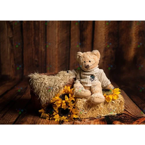 بک دراپ نوزاد سطل چوبی و خرسی و گل آفتابگردون در انبار کاه-کد 5697
