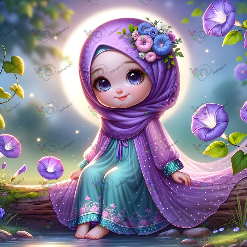 بک گراند کودکانه دختربچه ناز با حجاب نشسته روی تنه درخت کنار گلهای پیچک-کد 44617(ویژه عکس گراف)