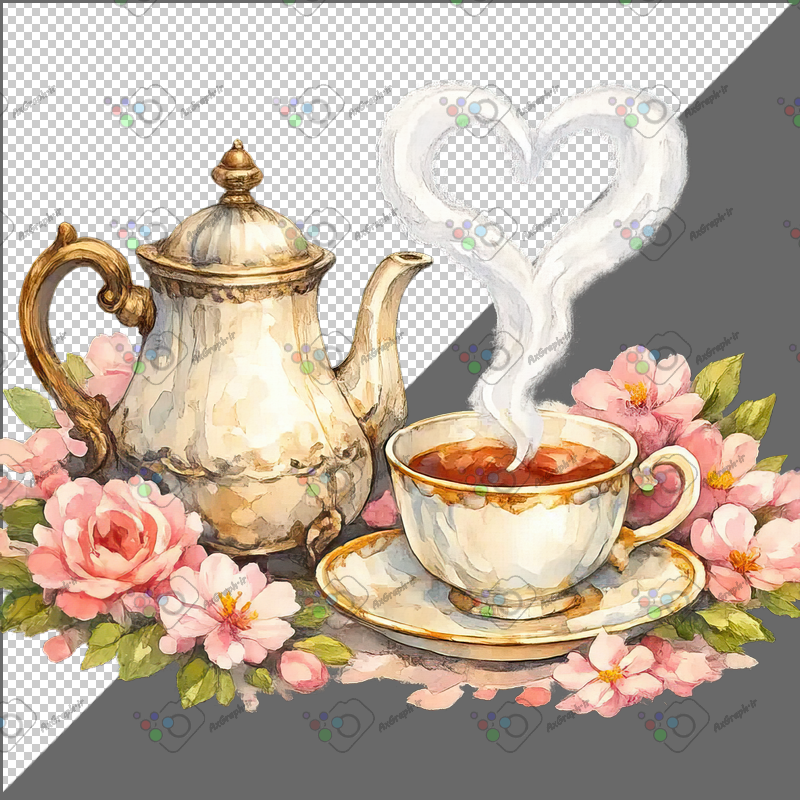 طرح برچسب فنجان چای و قوری چینی و گل و شکوفه-کد 70080(ویژه عکس گراف)