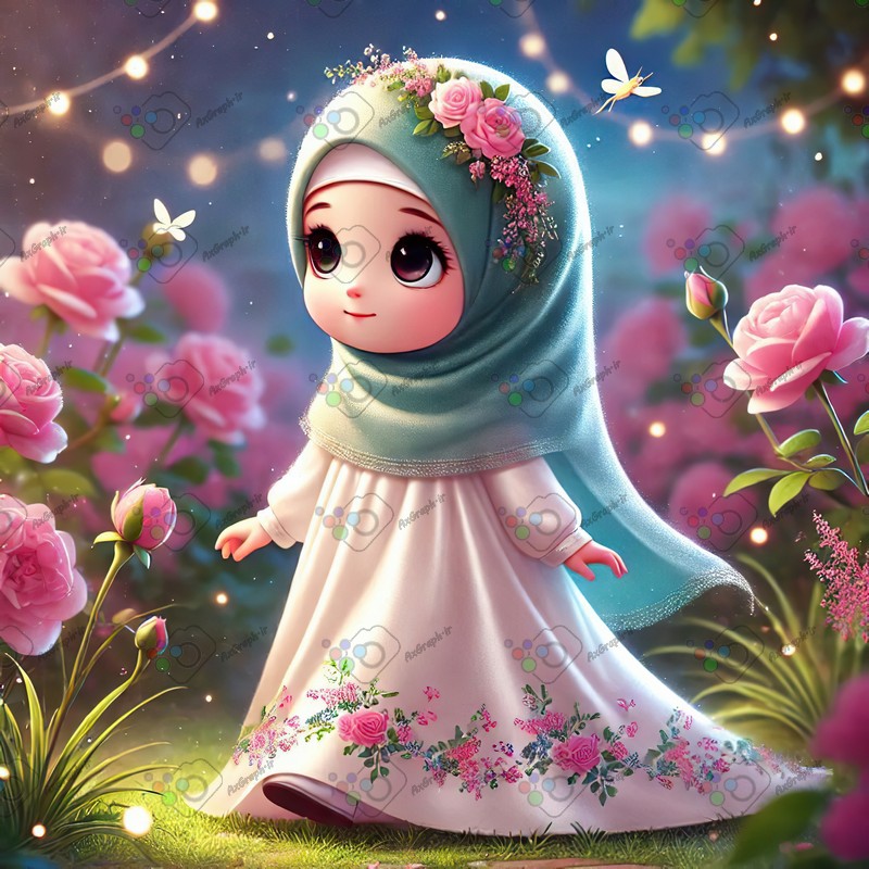 بک گراند کودکانه دختر ریزه میزه ناز با حجاب در حال عبور از میان گلهای رز-کد 44530(ویژه عکس گراف)