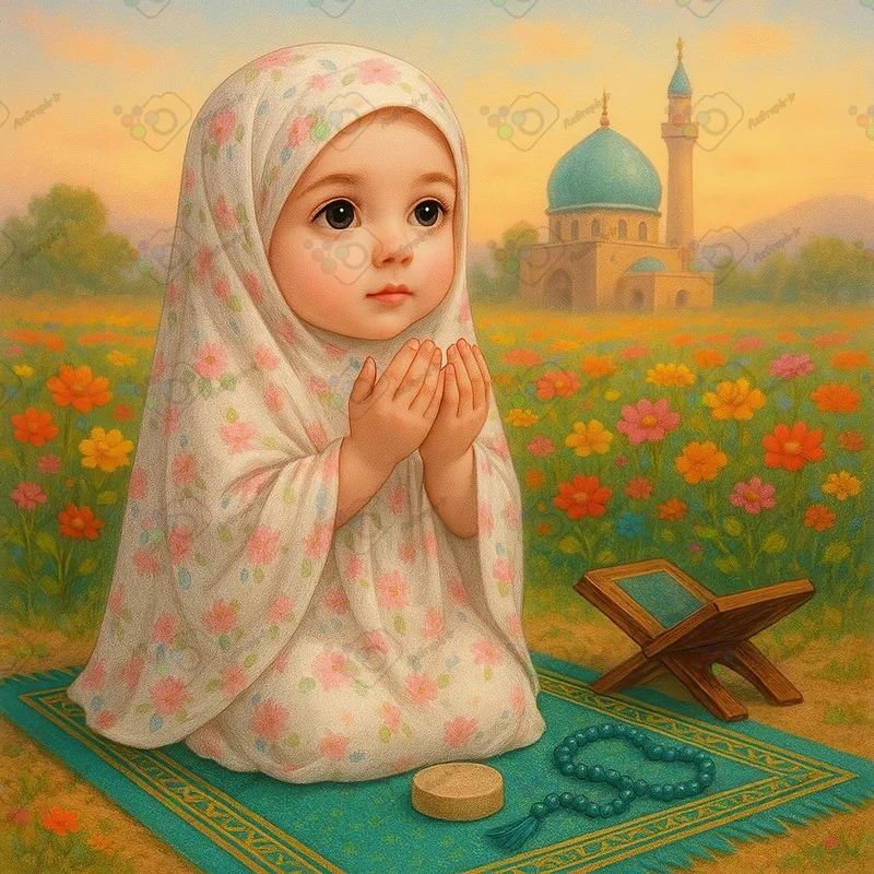 بک گراند کودکانه دختر کوچولو با چادر گل گلی در حال دعا کردن در دشت گلها-کد 44037(ویژه عکس گراف)