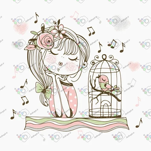 وکتور کودکانه دختر با نمک و پرنده در قفس-کد 11080