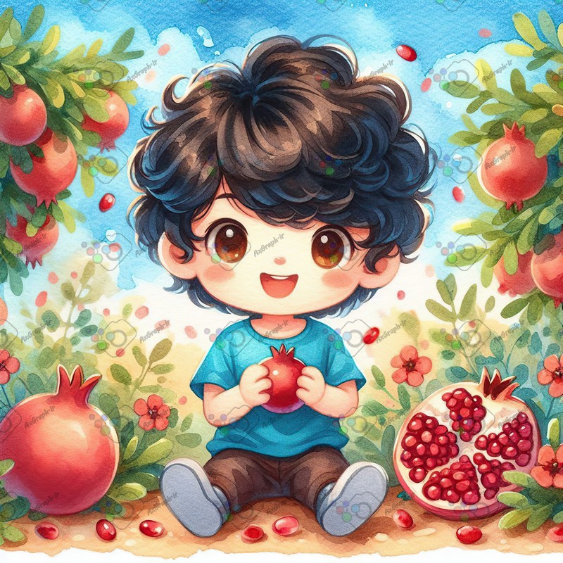 بک گراند کودکانه یلدا با طرح پسربچه با اناری در دست نشسته در باغ انار-کد 44773(ویژه عکس گراف)
