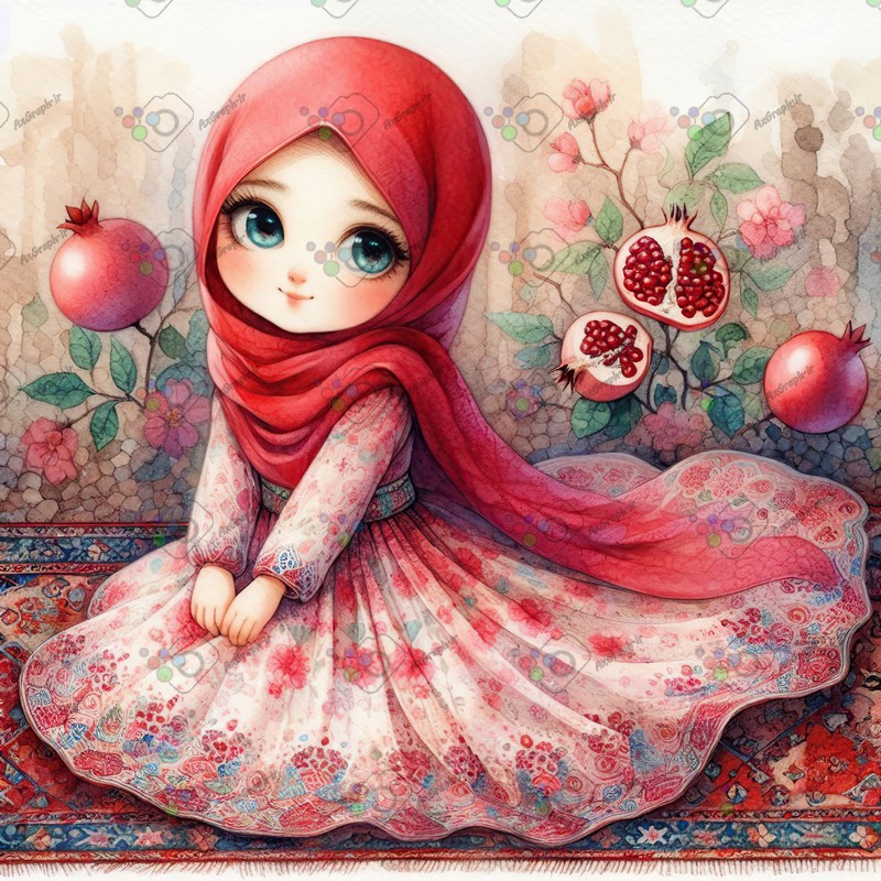 بک گراند کودکانه یلدا با طرح دختر بچه با حجاب و فرش ایرانی و انار-کد 44674(ویژه عکس گراف)