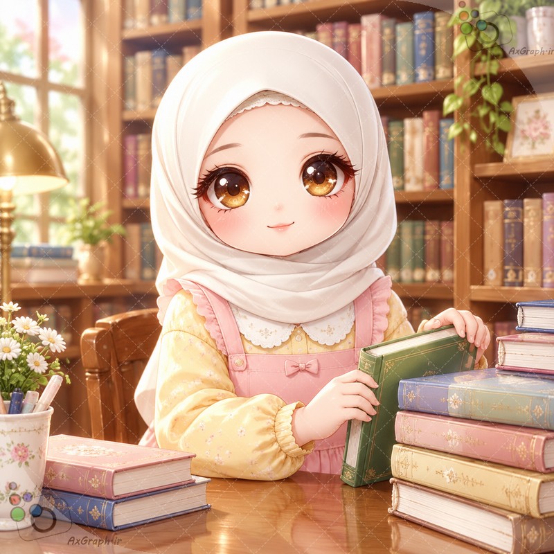 طرح دختربچه کتابخوان با روسری سفید و لباس زرد در کتابخانه - کد ۴۵۰۰۲ (ویژه عکس گراف)
