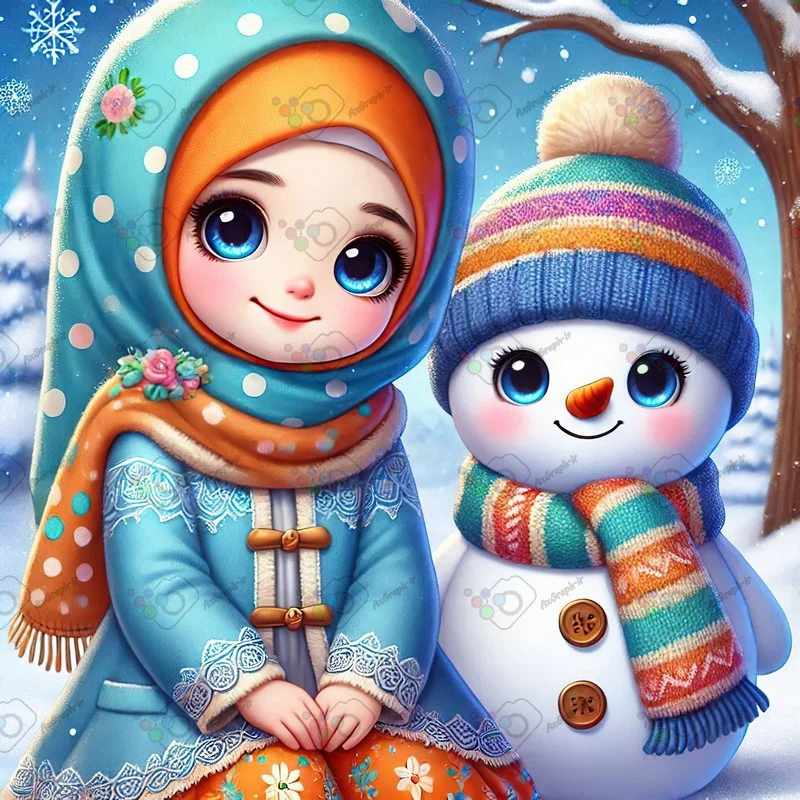 بک گراند کودکانه دوستی دختر ناز با حجاب و آدم برفی مهربون-کد 43487(ویژه عکس گراف)