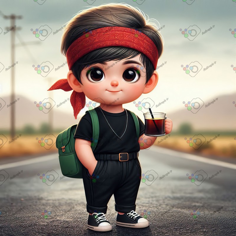 بک گراند کودکانه پسر بچه با لباس مشکی و سربند و استکان چای در جاده-کد 44365(ویژه عکس گراف)